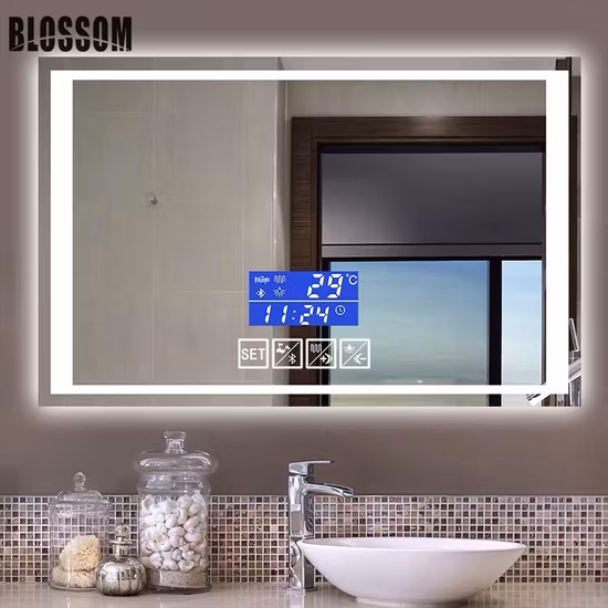 LED Defogger Lighted Smart Bluetooth Bathroom Mirror with Digital Clock